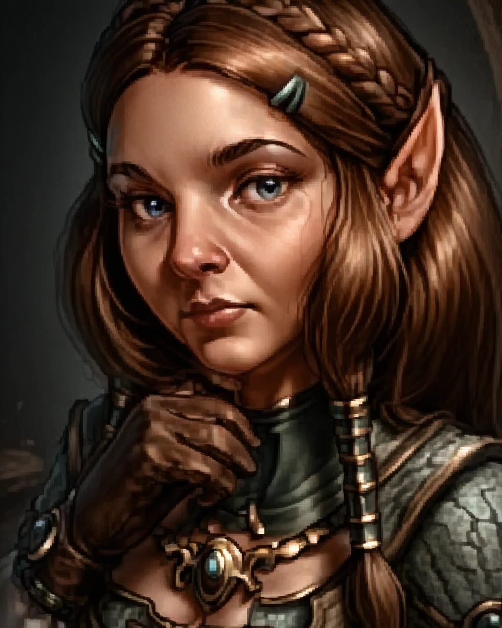 <lora:Illustrious_-_Baldurs_Gate_I_-_Portraits_-_1998:1.0> baldur's gate official portrait, character, solo,  <lora:PZelda:1> PZelda, 1girl, long hair, pzelda, (1girl), solo, braid, breasts, hair ornament, hairclip, crown braid, blue eyes, long sleeves, gloves, parted bangs, dress, jewelry,