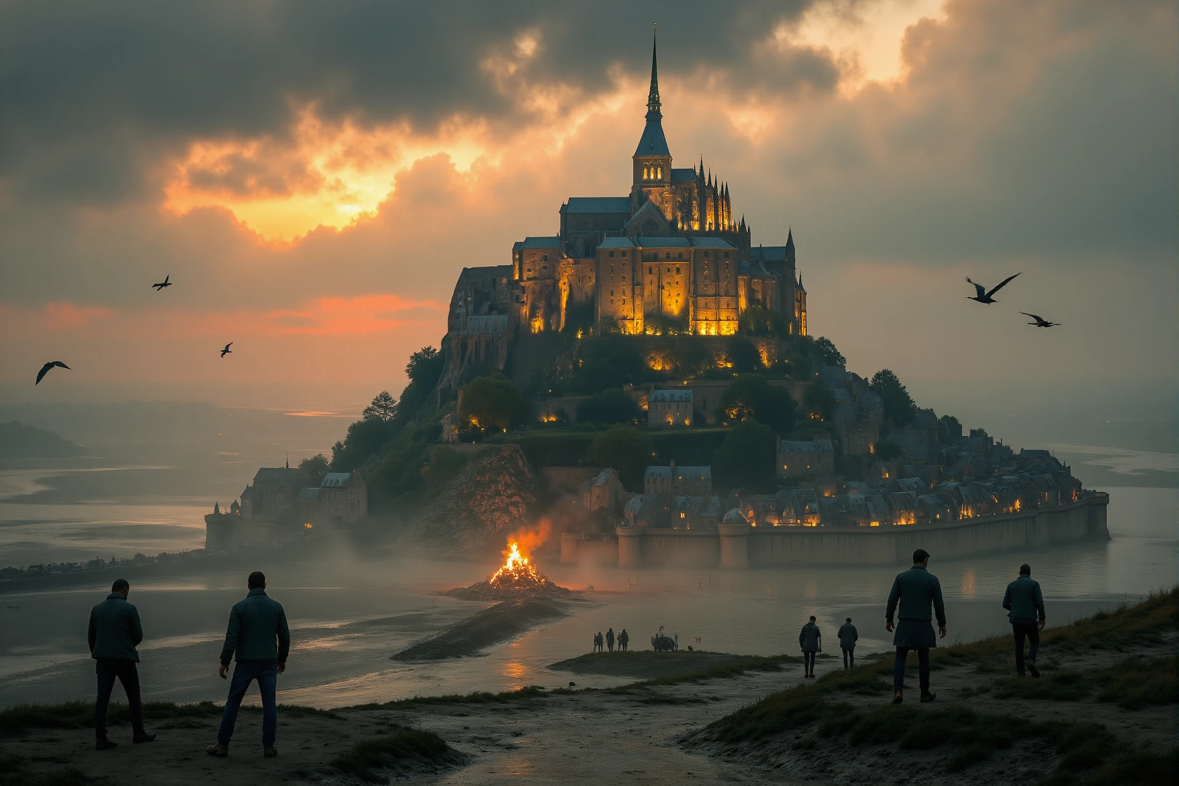 <lora:Mont Saint Michel:0.9> mont saint michel island. medieval siege scenery, war, catapult, dragons flying and spitting flames