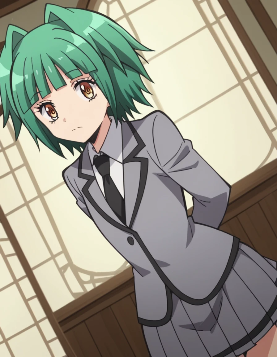 score_9, score_8_up, score_7_up, source_anime, <lora:kaede-kayano-s1s2-ponyxl-lora-nochekaiser:1>, kaede kayano, short hair, bangs, brown eyes, yellow eyes, green hair, hair intakes, anime screencap,, blazer, grey blazer, school uniform, pleated skirt, necktie, grey skirt, black necktie, white shirt, collared shirt, long sleeves,, minaret, tall, mosque, call to prayer, holy, , hands behind back, bent over,, looking at viewer, solo,, dutch angle, cowboy shot
