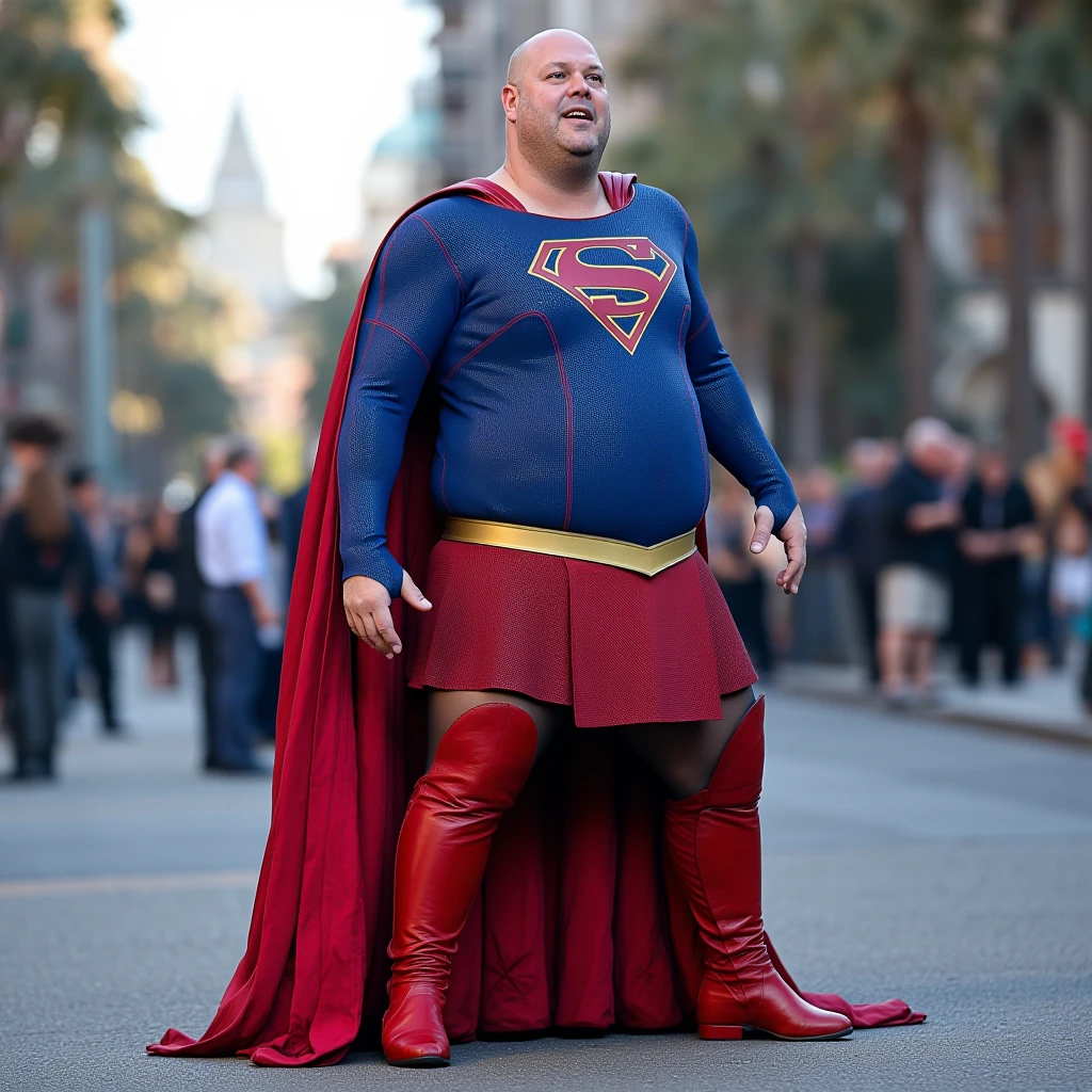 photo picturing a fat ugly man dressed in red and blue sg outfit shirt cape belt skirt tights boots and standing in a street