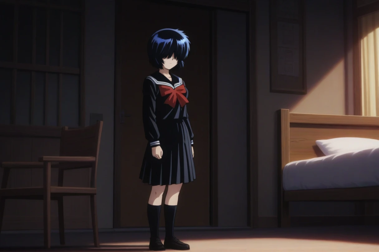 UrabeMikoto, 1girl, black serafuku, <lora:UrabeMikoto-4-4-e5-prodigy-illustrious:0.8>, (hair over eyes) expressionless, bedroom, masterpiece, best quality, high resolution, 8k, full body, outdoors, on chair