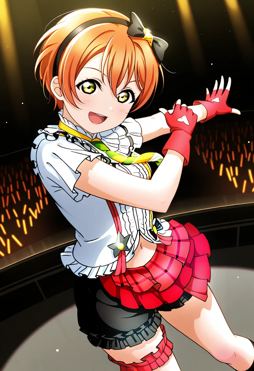((((Angle view from under the skirt, I can see her panties, ))),masterpiece, Highest quality, ,,lovelive,Honoka Kosaka, Frilled Chalk, (Orange chest ribbon), (One-sided ponytail with a red scrunchie), Frilled shirt, Short sleeve, Red Bow, suspenders, 4 minutes black 6 minutes red skirt, frilly knee socks, :is, smile, Low - Angle, Spread your hands, stage, (skirt flipped up),(vibrant skirt), (detailed panties 1.3), (cotton white panties: 1.3), (Frilled Panties: 1.3), (Spreading legs: 1.3), (Focus on face and panties),