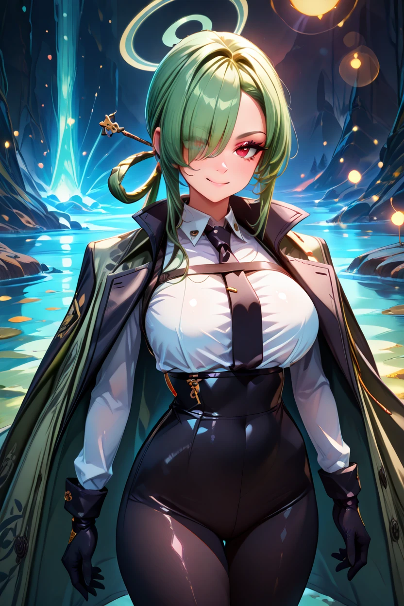 masterpiece, best quality, solo, curvy, beautiful eyes, zzMina, long hair, halo, green hair, hair over one eye, red eyes, hair ornament, hair rings, hair stick, black necktie, high-waist pants, white shirt, black gloves, black pants, jacket, long sleeves, coat on shoulders, collared shirt, hair stick, striped coat, <lora:MinaBluearchiveIXL:1.0>, dynamic pose, cowboy shot, smile, looking at viewer, shiny skin,<lora:RealisticAnimeIXL_v2:1.0>, shiny skin, bokeh, luminescent background,