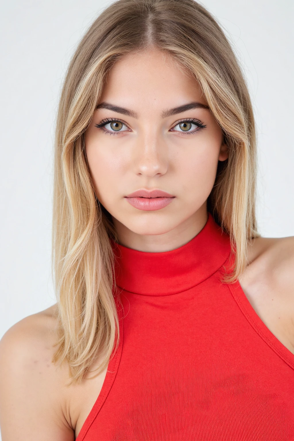 n0emi, blonde woman wearing a red top, white background, glamorous make up