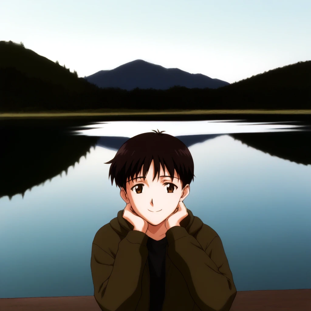 Shinji Ikari, (lake, background) sad smile, contemplating , forlorn <lora:90sanimecleanpony:1>