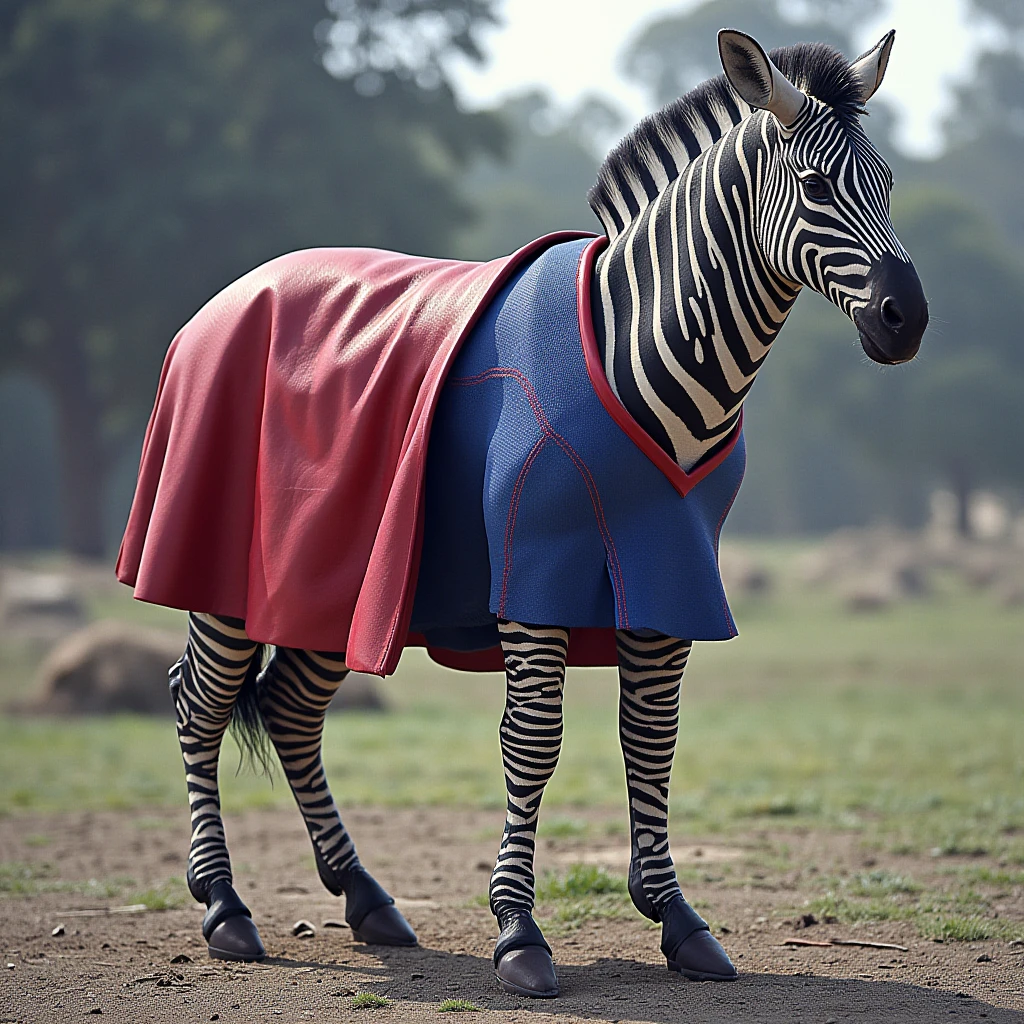 photo picturing a zebra dressed in red and blue sg outfit shirt cape belt skirt