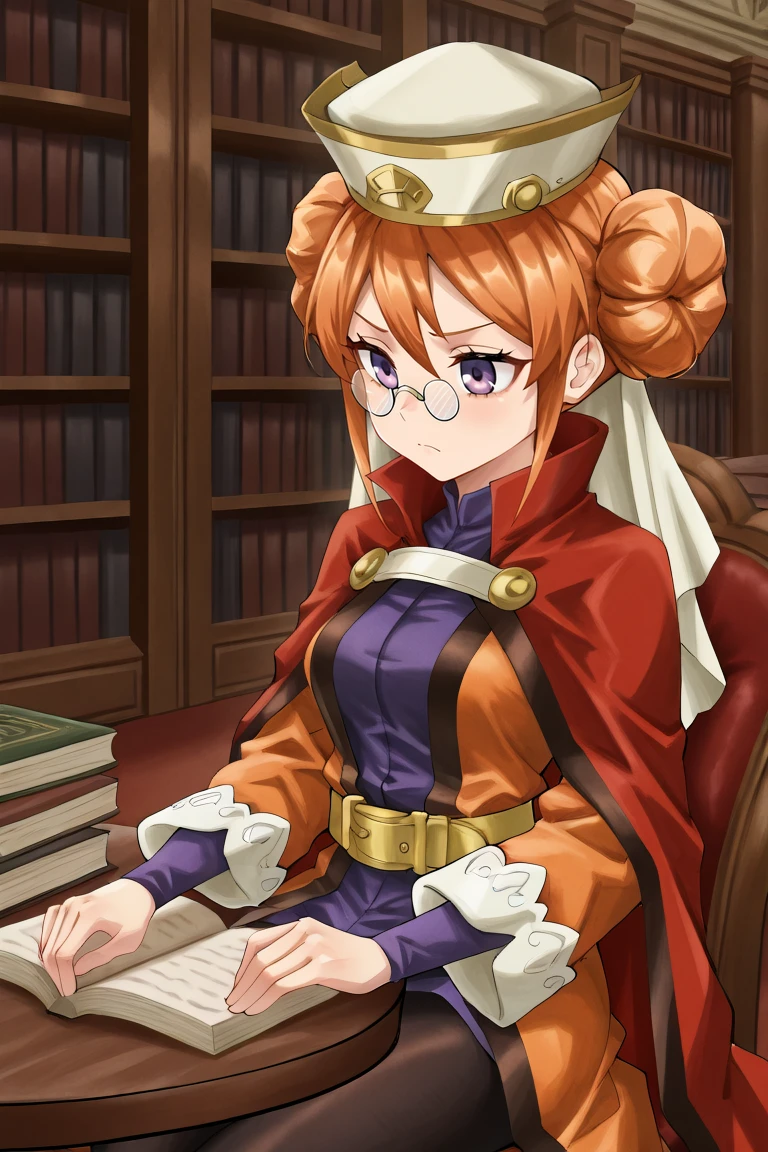 <lora:EudyIL:0.8>, eudef, 1girl, purple eyes, orange hair, double bun, doughnut hair bun, (pince-nez glasses), red cape, hat, veil, black leggings, orange coat, shirt under coat, purple shirt, yellow belt, closed mouth, frown, library, interior, bookshelves, sitting, table, chair, books, studying, solo, masterpiece, very aesthetic, absurdres, best quality, amazing quality, high resolution, detailed background, <lora:illustrious_quality_modifiers_masterpieces_v1:0.8> ,