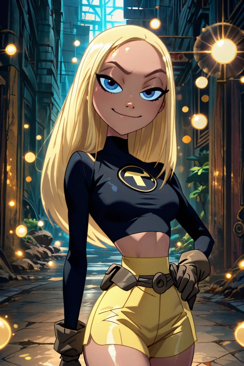 masterpiece, best quality, solo, curvy, beautiful eyes,zzTerra, blue eyes, blonde hair, long hair,  gloves, goggles, yellow shorts, black shirt, midriff,   <lora:TerraTitansIXL:1.0>, cowboy shot, hand on hip, smug, smile, looking at viewer, shiny skin,<lora:RealisticAnimeIXL_v2:1.0>, shiny skin, bokeh, luminescent background,