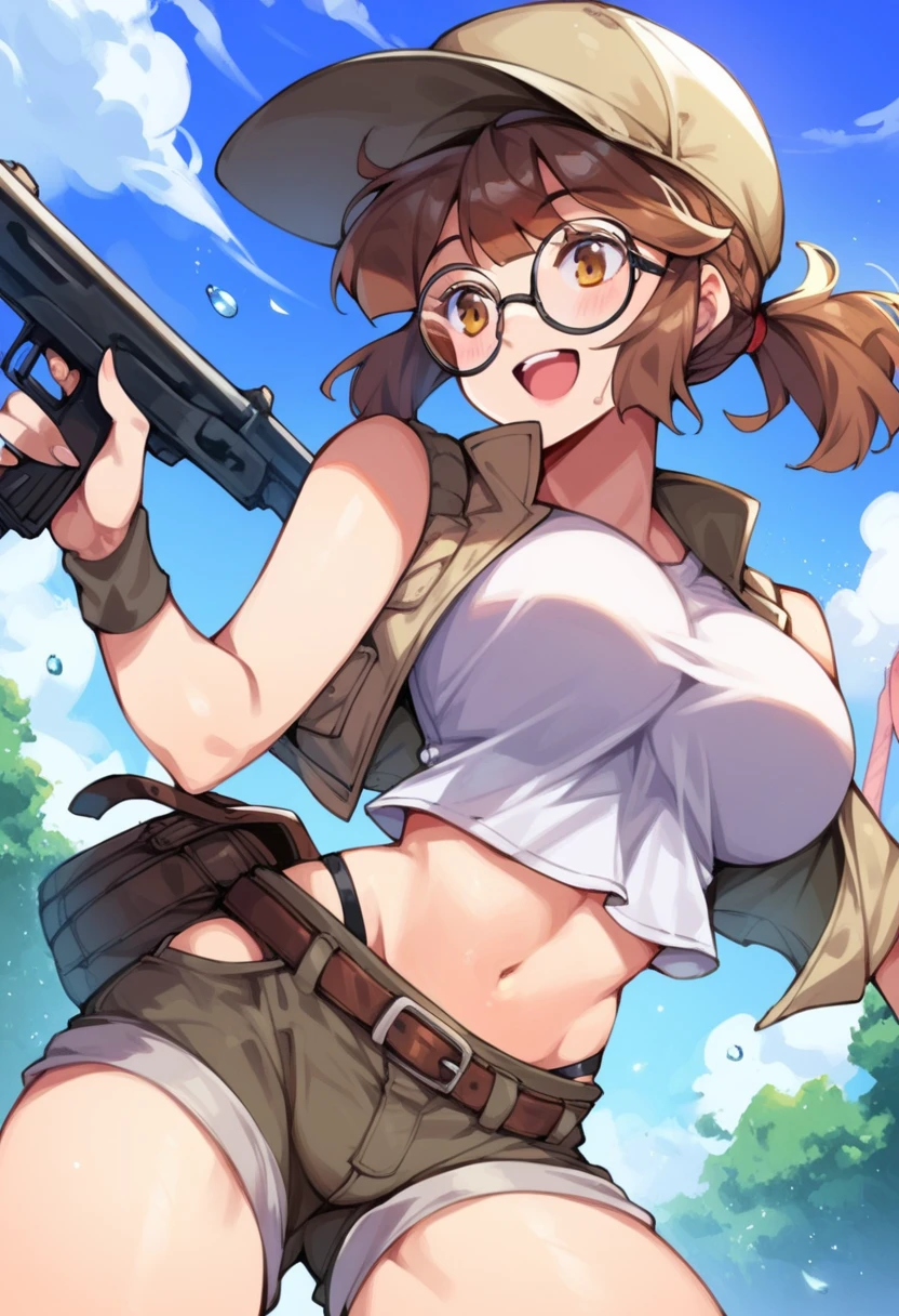 score_9, score_8_up, score_7_up, score_6_up, score_5_up, score_4_up, masterpiece, best quality, BREAK,
1girl, outdoors,  <lora:Fio_Germi_Metal_slug_Pony_ver01:1> fio_germi, glasses, brown hair female, hat, large breasts, crop top, vest, midriff, short shorts, gun