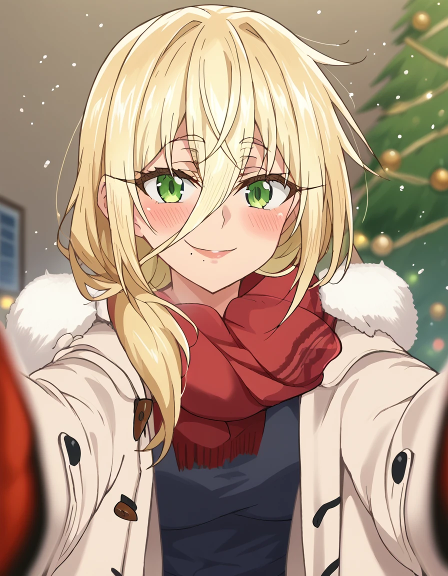 score_9, score_8_up, score_7_up, source_anime, <lora:kimimeido-grace-nitta-s1-ponyxl-lora-nochekaiser:1>, kimimeido grace nitta, long hair, blonde hair, large breasts, hair between eyes, green eyes, mole, mole under mouth, anime screencap,, <lora:pov-cheek-warming-ponyxl-lora-nochekaiser:1>, pov cheek warming, pov cheek warming (meme), winter gloves, duffel coat, fur-trimmed scarf, winter clothes, red mittens, meme, winter coat, red scarf, fur-trimmed coat, reaching towards viewer, reaching, mittens, fur-trimmed hood, white coat, open coat, scarf, coat, red gloves, snowing, pov, fur trim, depth of field, smile, blush,, christmas, christmas tree, christmas lights,, , dutch angle, cowboy shot