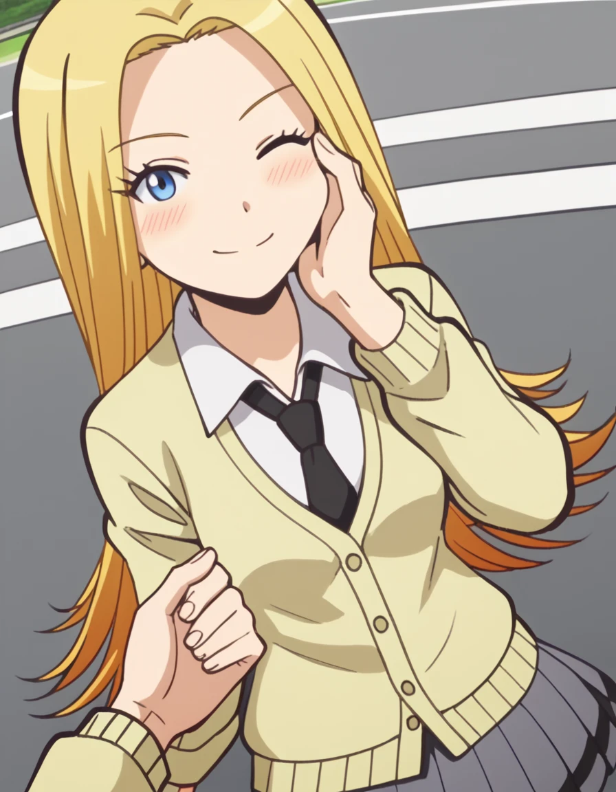 score_9, score_8_up, score_7_up, source_anime, <lora:rio-nakamura-s1s2-ponyxl-lora-nochekaiser:1>, rio nakamura, long hair, blue eyes, blonde hair, medium breasts, anime screencap,, cardigan, yellow cardigan, skirt, school uniform, pleated skirt, necktie, grey skirt, black necktie, white shirt, collared shirt, long sleeves,, road, cars, asphalt, travel, speed, , <lora:guided-hand-on-cheek-ponyxl-lora-nochekaiser:1>, guided hand on cheek, hand grab, hand on another's cheek, hand on another's face, looking at viewer, pov, pov hands, smile, blush, one eye closed, caress, caressing cheek, looking at viewer, solo,, dutch angle, cowboy shot