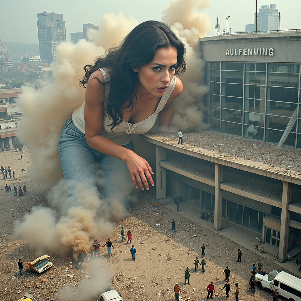 photo from above from outside of a giant-sized woman bursting out of the side a large convention center, debris and smoke and dust is scattered around, people are fleeing in panic, comparitively tiny surroundings emphasizing the womans giant size