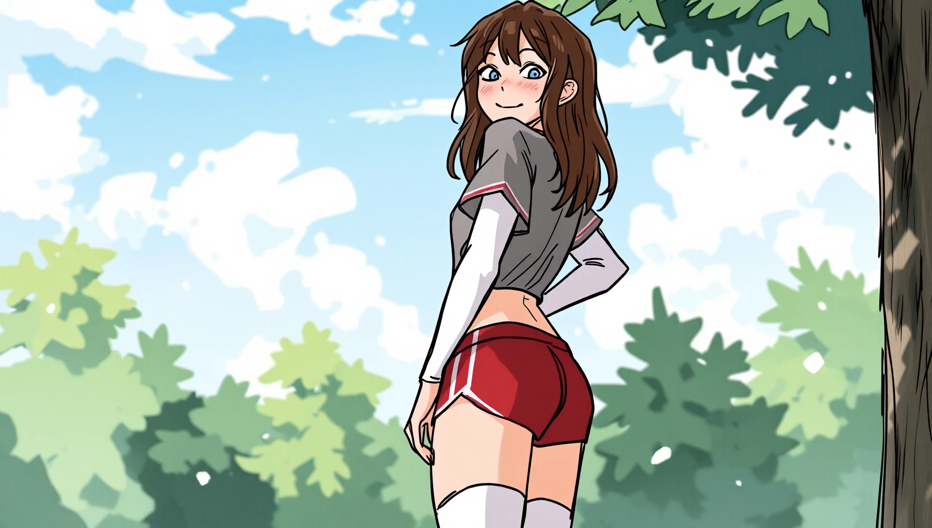 pokemon leaf, leaf, visible thighs, sitting, red skirt, blue shirt, brown eyes, loose socks, white footwear, smile, upskirt, white panties, walking, body shape, chubby thighs, wide hips, long legs, full body, holding a pokeball, looking at camera, back shot, from bihind, crouching down, oil painting, detailed brushstrokes, vibrant colors, shadow and light, high contrast, vivid scenery, textured background, realistic features, flowing hair, intricate details, dynamic pose, natural surroundings, sunlight filtering through trees, peaceful atmosphere, expressive eyes, playful expression, cute and lively, youthful energy, graceful movements, delicate skin texture, intricate patterns on clothing, harmonious color palette, serene and enchanting, (best quality, 4k, highres, masterpiece:1.2), ultra-detailed, realistic:1.37, professional, vivid colors, concept artists style, soft light, vibrant colors, dusty pink color tone