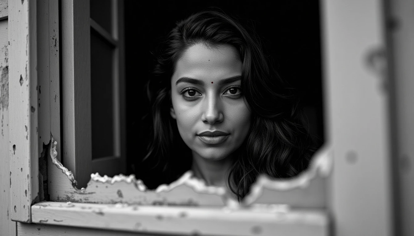 Close-up black-and-white portrait of meencohwx through a torn window.  Subject is light-skinned, with dark, wavy hair framing her face.  She appears thoughtful and reflective with a neutral expression and direct gaze.  Her eyes hold a hint of sadness or contemplation.  The woman's face is the focal point, characterized by a soft, delicate structure. The image is taken from a slightly low perspective, focusing on the subject's upper body.  Torn edges of the window create a jagged frame around the image.  Weathered wooden window frame with visible cracks and paint chips are seen in grays and dark tones.  Deep shadows highlight facial features and add depth to the image. The overall mood is somber, melancholic, and somewhat introspective, evoking a sense of isolation and vulnerability.  Photography style with dramatic lighting. Emphasis on the textures and depth of the image.