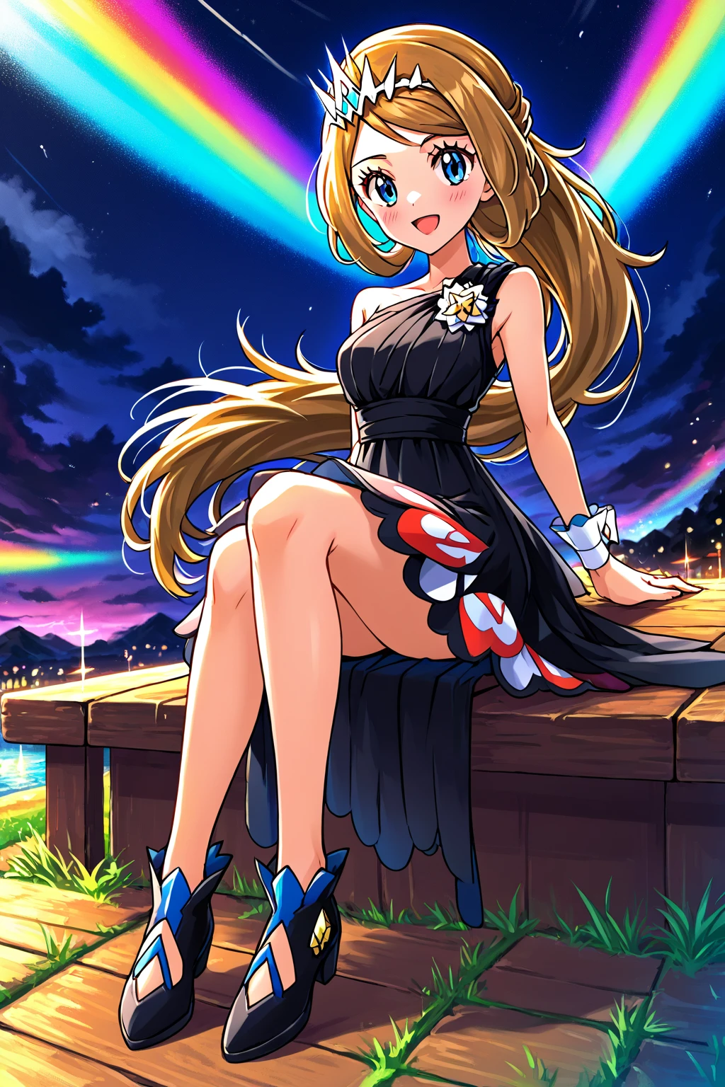 (1girl), solo, sitting, meadow, colorful, legs_up, (black_footwear, black_ dress, excolor:1.4), arms_at_sides, looking at viewer, blush, smile, open mouth,long_ hair, bangs, blue_eyes, blonde_hair, dress, bare_shoulders, ponytail, official_alternate_costume, wrist_cuffs, eyelashes, hair_ornament, serena_\(pokemon\), gold_tiara, ,ncserena, ((anime style, source anime)), score_9,score_8_up,score_7_up,source_anime