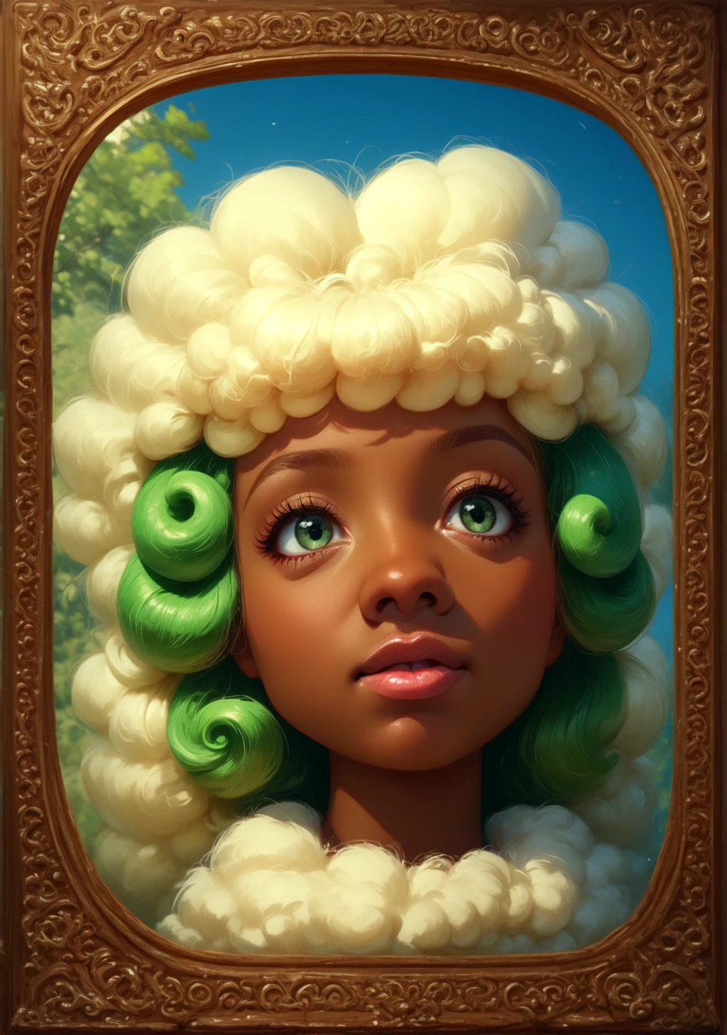 score_9, score_8_up, score_7_up, score_6_up, score_5_up, score_4_up, masterpiece, high quality, BREAK, full body, BREAK,   <lora:Whimsicott:0.8> Whimsicott, pokemon, creature, girl, 1girl, lots of hair, excessive hair, white hair, tanned, ram horns, green horns, dark skin,