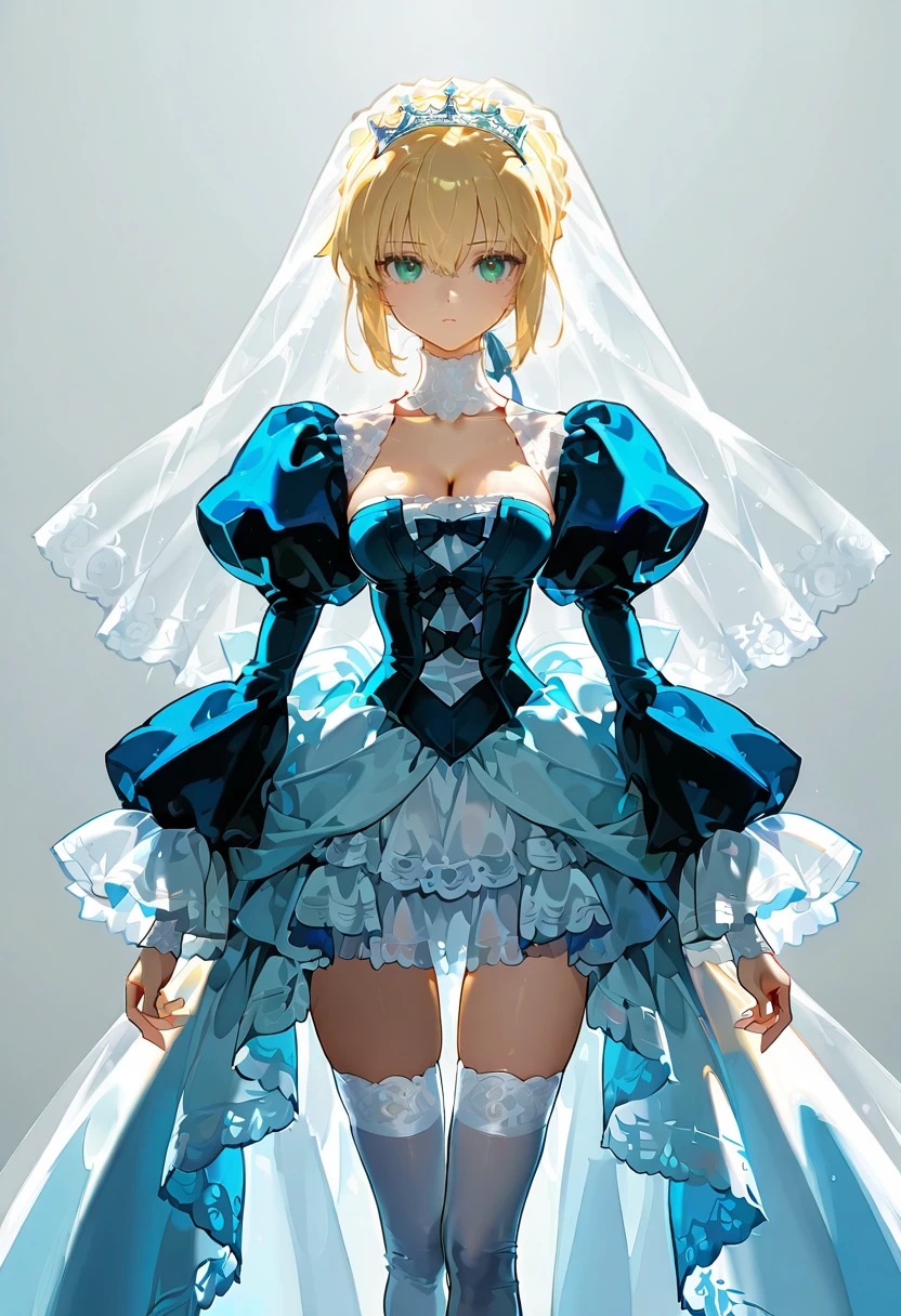 1girl,solo,looking at viewer,ikeda ruriko, bl dress, veil,puffy sleeves,thighhighs, saber_(fate)