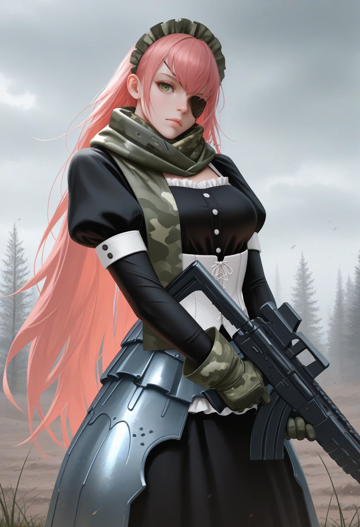 masterpiece, best quality, realistic, solo, 1girl, czdlt, expressionless, looking at viewer, standing, holding gun, assault rifle, two-handed, pink hair, maid headdress, green eyes, eyepatch, frills, black dress, armored dress, juliet sleeves, green gloves, white corset, faulds, green scarf, camouflage, outdoors, grey sky, cloudy sky, grass, tree, dirt
<segment:yolo-face_yolov8m.pt,0.4,0.5//cid=1>