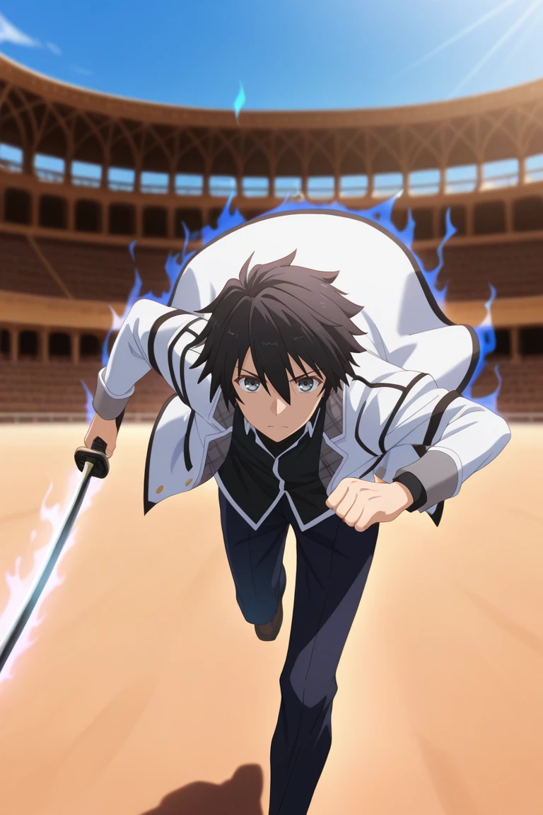 masterpiece, best quality, amazing quality, very aesthetic, high resolution, ultra-detailed, absurdres, newest, scenery, volumetric lighting, depth of field,anime srceencap , , , 1boy, solo, male focus, <lora:ikki:0.85>,ikki kurogane, black hair, grey eyes,short hair,spiky hair,shirt,hair between eyes,looking at viewer,uniform,school uniform,black shirt,white jacket,holding, weapon, sword, holding weapon,katana,running,facing viewer,aura,outdoors,colosseum