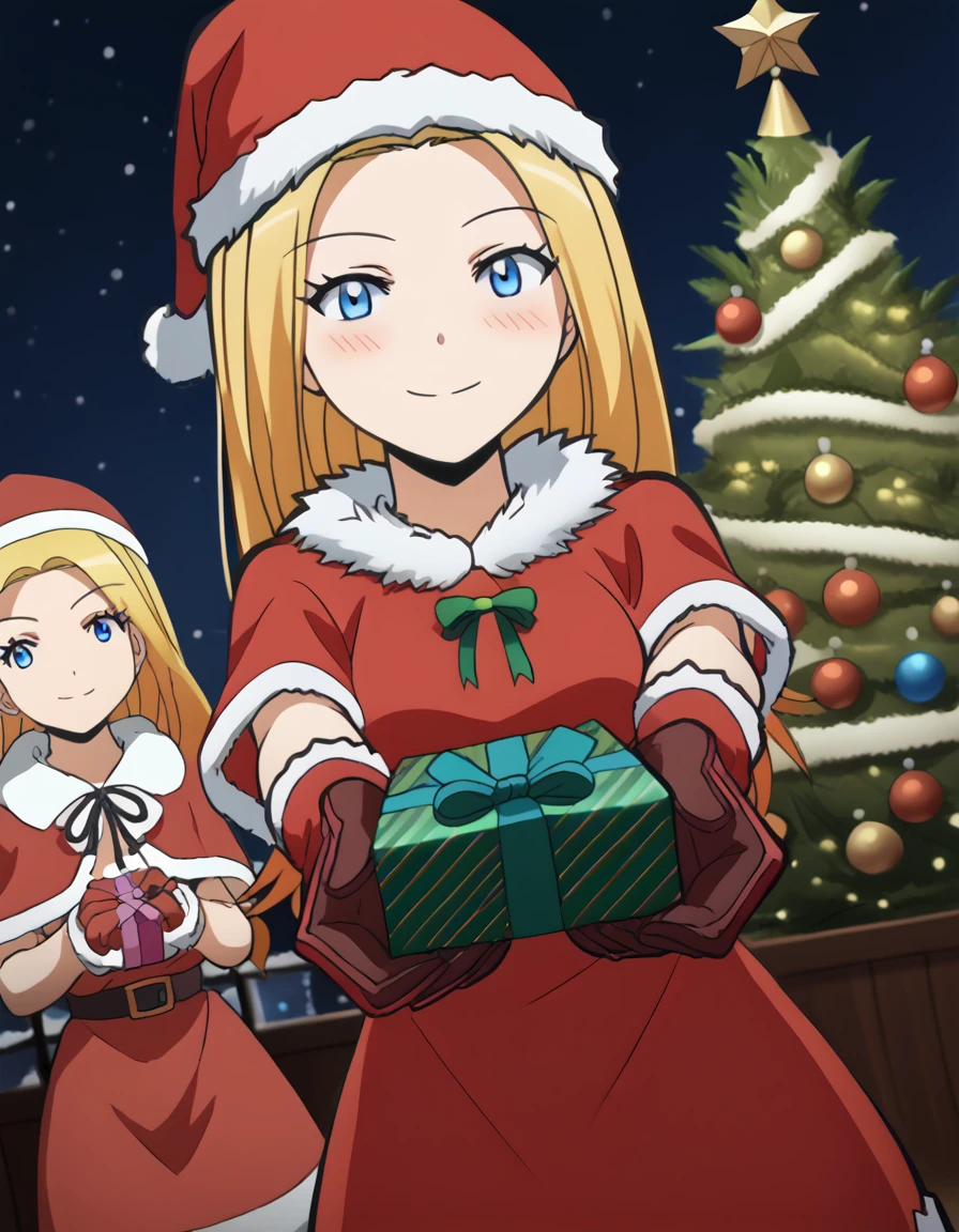 score_9, score_8_up, score_7_up, source_anime, <lora:rio-nakamura-s1s2-ponyxl-lora-nochekaiser:1>, rio nakamura, long hair, blue eyes, blonde hair, medium breasts, anime screencap,, <lora:santa-costume-ponyxl-lora-nochekaiser:1>, santa costume, santa hat, christmas, sack, merry christmas, gift, fur-trimmed headwear, holding sack, santa dress, fur-trimmed dress, christmas tree, christmas tree, fur trim, red capelet, gift box, red gloves, fur-trimmed capelet, santa gloves, red hat, hat,, smile, blush, looking at viewer, <lora:incoming-gift-ponyxl-lora-nochekaiser:1>, incoming gift, outstretched arms, holding, holding gift, gift, gift box,, , dutch angle, cowboy shot