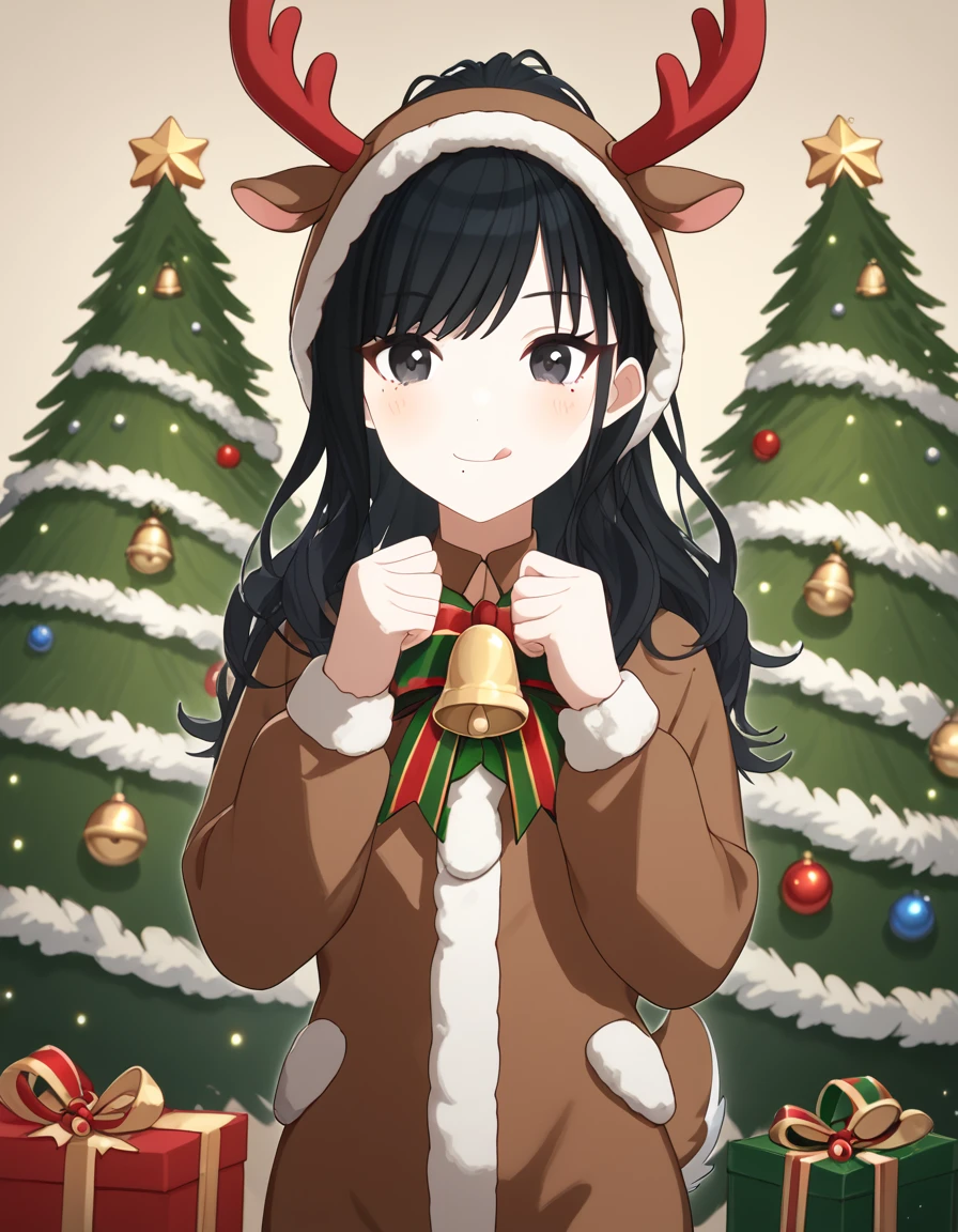 score_9, score_8_up, score_7_up, source_anime, <lora:hiori-kazano-s2-ponyxl-lora-nochekaiser:1>, hiori kazano, long hair, bangs, black hair, black eyes, ponytail, mole, mole under mouth,, <lora:reindeer-costume-ponyxl-lora-nochekaiser:1>, reindeer costume, animal costume, reindeer antlers, antlers, fake antlers, reindeer hood, christmas, red nose, deer ears, deer tail, christmas tree, bell, horns, reindeer,, blush, smile, tongue out, looking at viewer,, , dutch angle, cowboy shot