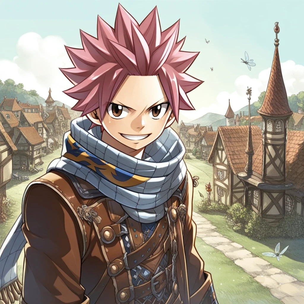 HiroMashima, 1boy, ((natsu_dragneel)), male_focus, fairy_tail, solo, spiked_hair, scarf, smiling, BREAK, medieval fantasy town background, score_9, score_8_up, score_7_up, masterpiece, best_quality