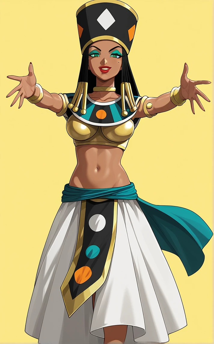 score_9, score_8_up, score_7_up, absurdres,w arms, :d, leg up, open hands, palms, smile, spread fingers, standing, standing on one leg, yellow background, <lora:PONYXL_DragonBallSuper_Heles_ownwaifu_r2:1> BREAK MainOutfit_Heles_ownwaifu, 1girl, black hair, dark-skinned female, dreadlocks, eyelashes, green eyes, green eyeshadow, hair tubes, makeup, mole under eye, red lips, thick lips, dark skin, hat, gold, lipstick, jewelry, long hair, midriff, egyptian clothes, armlet, navel, egyptian, breasts, bracelet, bracer, crop top, choker, collarbone, large breasts, black headwear, long skirt, groin, white skirt, armor, braid, neck ring, yellow choker, <lora:add-detail-xl:0.15>,