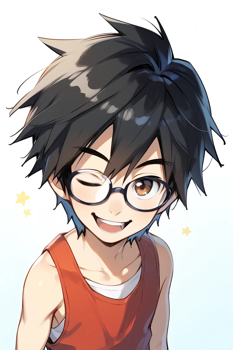 1boy,solo,male focus,hiro hamada,black hair,brown eyes,tank top,smile,looking at viewer,open mouth,upper body,glasses,one eye closed