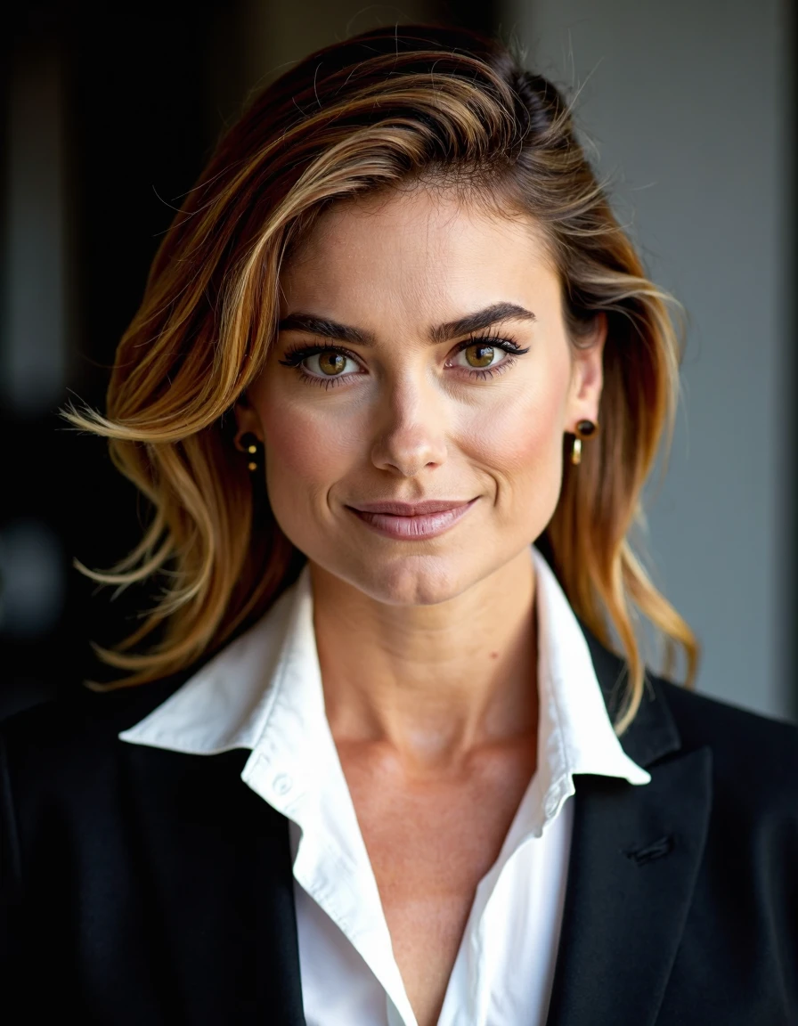 high fashion photo of KathyIreland woman, headshot portrait, wearing a white collared dress shirt, fitted blazer, earrings, dramatic lighting, award winning composition,
sharp focus, full sharp