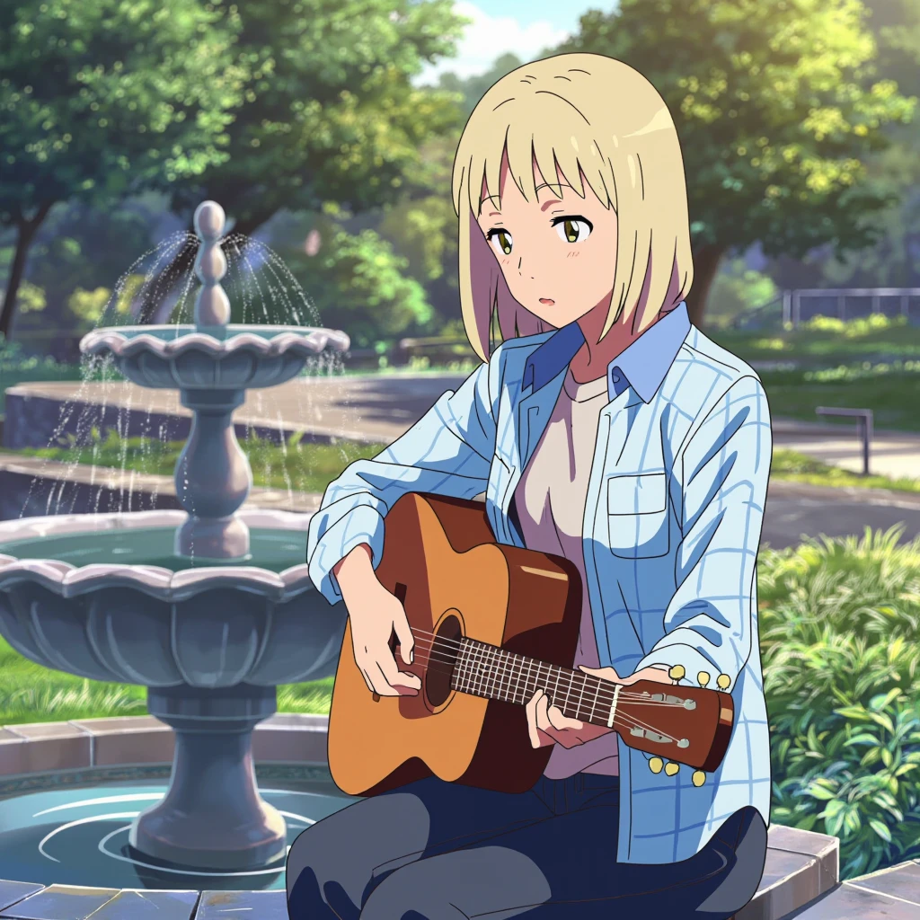 anime screencap in yn artstyle, a college woman is sitting outside on the ledge of a fountain in a park playing the guitar during a sunny day with natural lighting. she has shoulder-length blond straight hair and is wearing a light blue plaid shirt with rolled up sleeves to her elbows, revealing a plain white t-shirt with a blue collar underneath, as well as dark blue jeans.