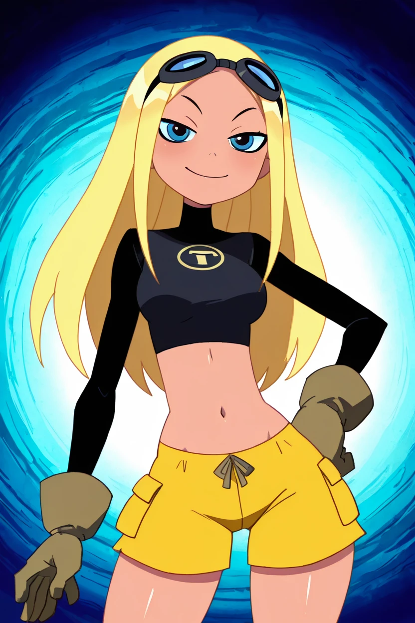 masterpiece, best quality, solo, curvy, beautiful eyes,zzTerra, blue eyes, blonde hair, long hair,  gloves, goggles, yellow shorts, black shirt, midriff,   <lora:TerraTitansIXL:1.0>, cowboy shot, hand on hip, smug, smile, looking at viewer, shiny skin,<lora:HaradaTakehitoIXL_v3:1.3>, <lora:ZankuroIXLLight_v2:0.6>,