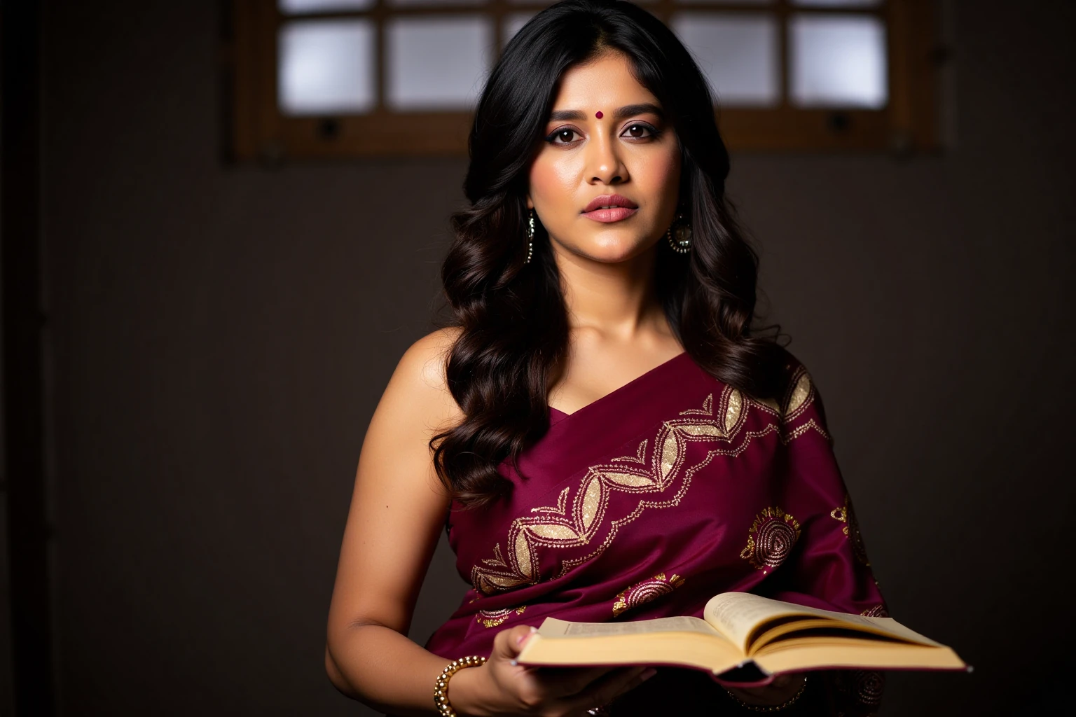 Close-up portrait of nabhanateshukohwx  with a serious and contemplative expression.  Her ethnicity is South Asian.  She is wearing a deep crimson/burgundy sari with a cream-colored, intricate pattern featuring zig-zag and geometric designs.  The sari drapes elegantly around her body. The woman has long, dark brown/black hair styled in loose waves. Her complexion is light brown. She has a light red bindi on her forehead.  Her makeup is subtle, enhancing her natural features. Her eyes are looking directly at the camera with a thoughtful, thoughtful expression. She holds a book in her hands, its beige pages slightly visible.  The setting is a dimly lit indoor space, with a window visible in the background, suggesting natural light. The background is a rich, muted charcoal gray-brown color, creating a dramatic yet soft contrast against the woman's vibrant sari.  The overall lighting is gentle and focused on the subject, casting no harsh shadows. The perspective is a slightly low angle close-up. The composition is centered on the subject, with subtle defocus on the background elements behind her.  The mood is contemplative and intense, conveying a sense of introspection and quiet elegance.
