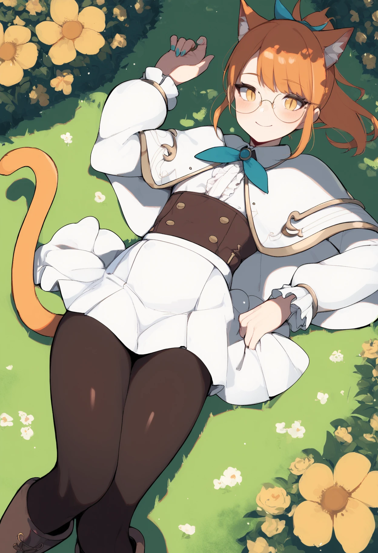 score_9, score_8_up, score_7_up,
1femboy, skinny, light orange cat ears, light orange cat tail, ponytail, air_ bangs, (light orange hair), yellow eyes, slit pupils, round glasses,
white capelet, black pantyhose, boots, white skirt,
garden, flower,
cowboy shot, lying on back, blush, smile, looking at viewer, grass, provoactive,
 <lora:accio-style:1>,accio-style,