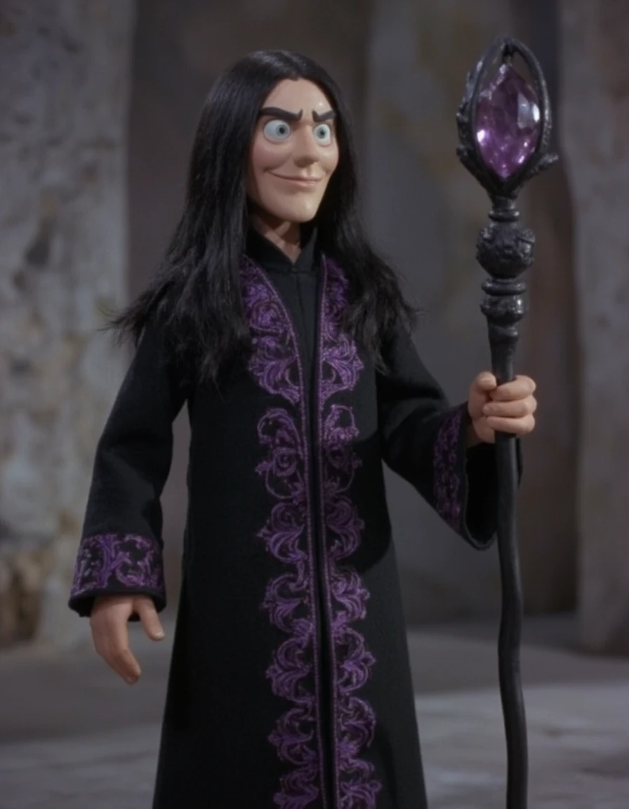 jack-fr0st, a male sorcerer with long black hair who is wearing a long black robe with ornate purple embroidery.  He is holding a black staff with an amethyst gem at the top.  His eyes are pale blue and he is standing in a stone room and there is an evil smirk on his face  <lora:jack-fr0st-continued-continued-64:1.3>