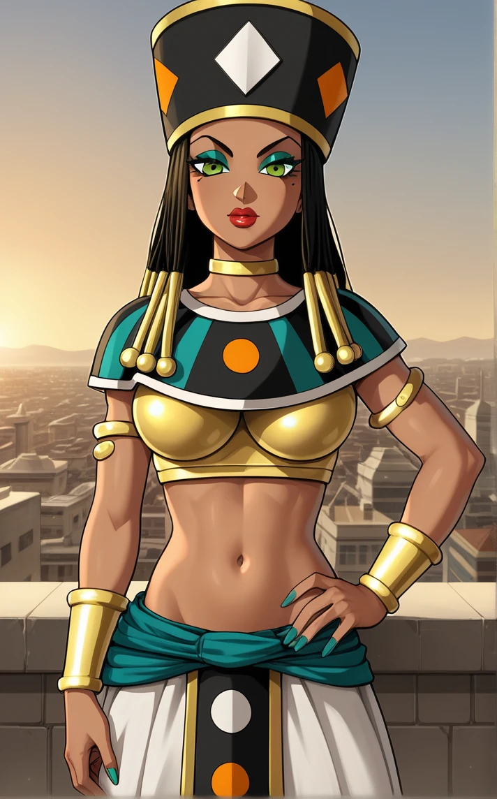score_9, score_8_up, score_7_up, absurdres,contrapposto, hand on hip, sunset, sidelighting, cityscape, vanishing point, outdoors, depth of field, solo, looking at viewer, <lora:PONYXL_DragonBallSuper_Heles_ownwaifu_r2:1> BREAK MainOutfit_Heles_ownwaifu, 1girl, black hair, dark-skinned female, dreadlocks, eyelashes, green eyes, green eyeshadow, hair tubes, makeup, mole under eye, red lips, thick lips, dark skin, hat, gold, lipstick, jewelry, long hair, midriff, egyptian clothes, armlet, navel, egyptian, breasts, bracelet, bracer, crop top, choker, collarbone, large breasts, black headwear, long skirt, groin, white skirt, armor, braid, neck ring, yellow choker, <lora:add-detail-xl:0.15>,