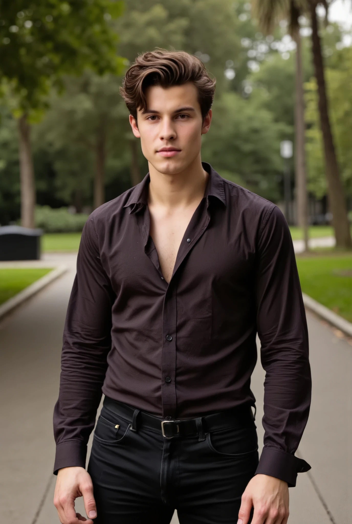 Shawn Mendes, captured posing in a Barcelona park, wearing a tight fitted flannel shirt, with three buttons undone, and black pants, soft natural lighting, cinematic and moody, (best quality,4k,8k,highres,masterpiece:1.2),ultra-detailed,(realistic,photorealistic,photo-realistic:1.37),HDR,studio lighting,professional,vivid colors,dramatic lighting