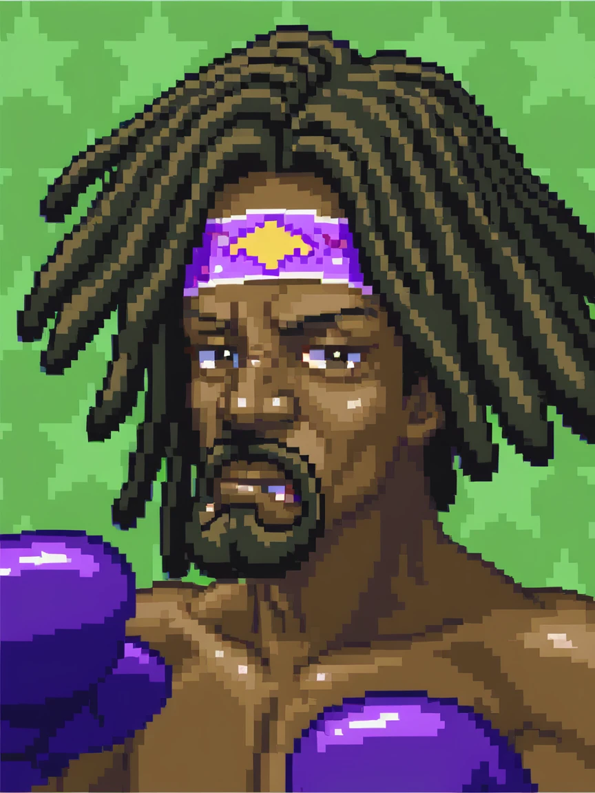 <lora:PonyXL_-_SNES_Super_Punch_Out_Portraits:0.75> super_punch_out_portrait, star_patterned_background, boxing glove, purple boxing gloves, bob charlie, brown hair, dreadlocks, goatee, dark skin, green background,