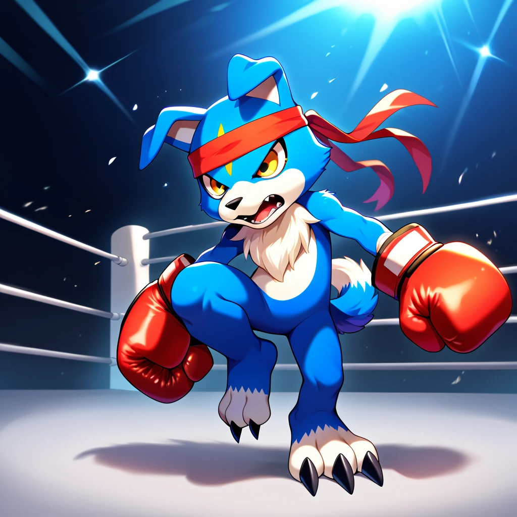 <lora:gaomon_v3:1>,gaomon,blue fur,furry,headband,boxing gloves,yellow eyes,full body,score_6_up,score_7_up,score_8,score_9,claws,standing,standing on one leg,punching,