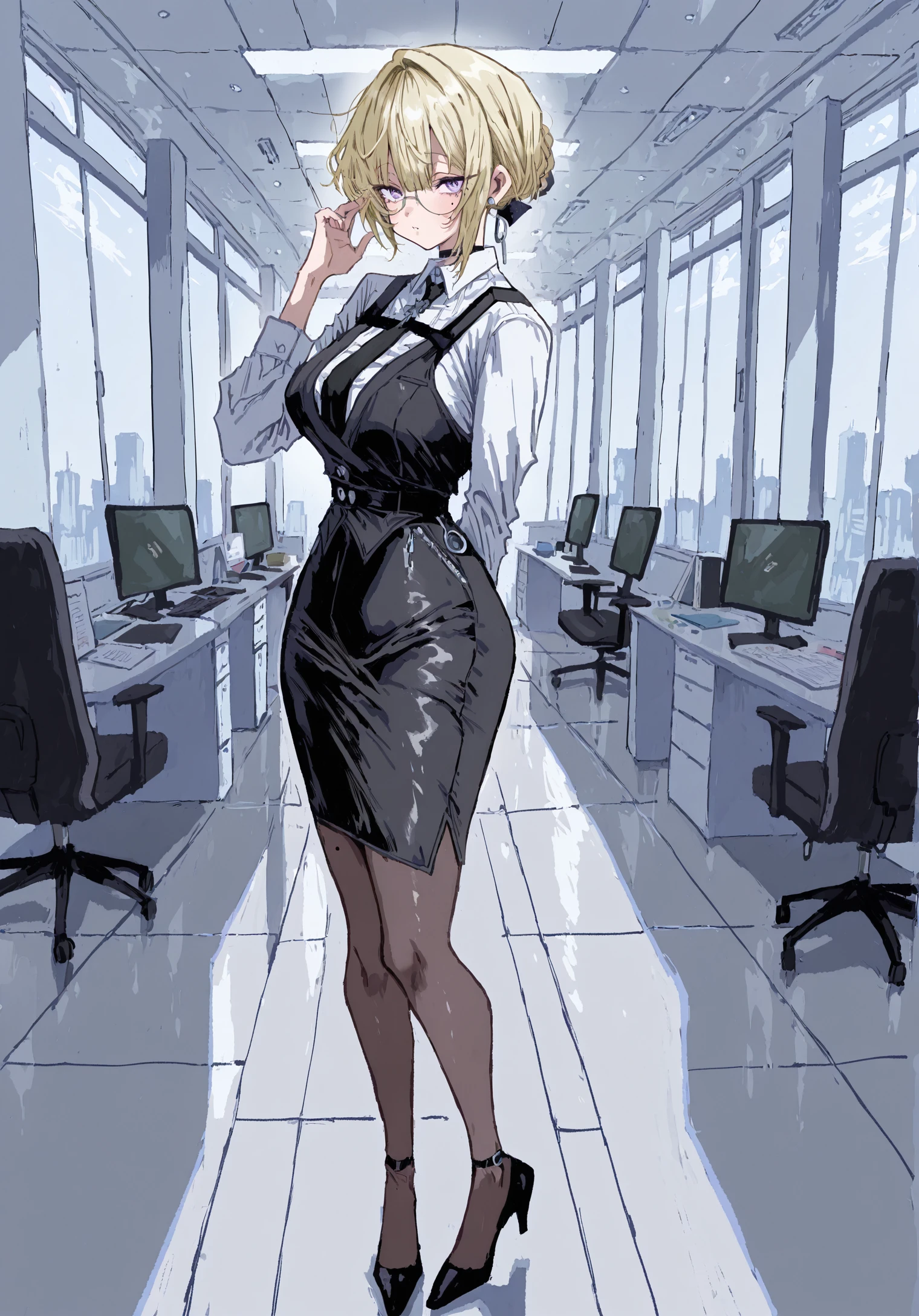 masterpiece, best quality, amazing quality, very aesthetic, absurdres, newest, na_tarapisu153,
1girl, solo, ZZZEvelyn, blonde hair, short hair, bangs, hair bun, purple eyes, mole, looking at viewer,
office, office interior,
pantyhose, pencil skirt, ankle-high skirt, vest, white business shirt, long sleeves, black necktie, glasses, standing,