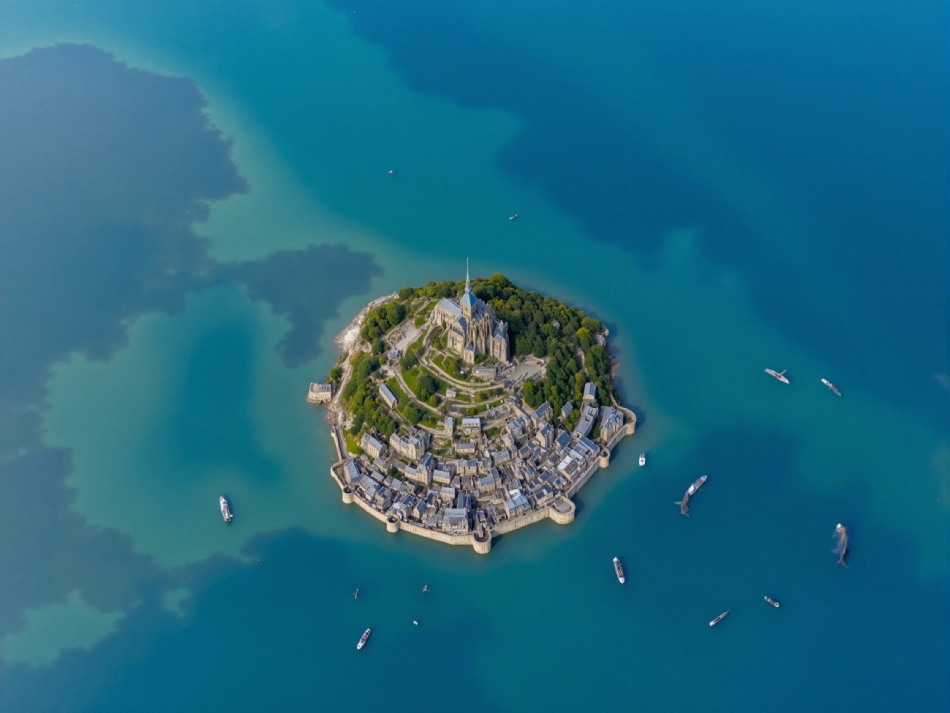 <lora:Mont Saint Michel:0.9> aerial view of mont saint michel island surrounded by whales