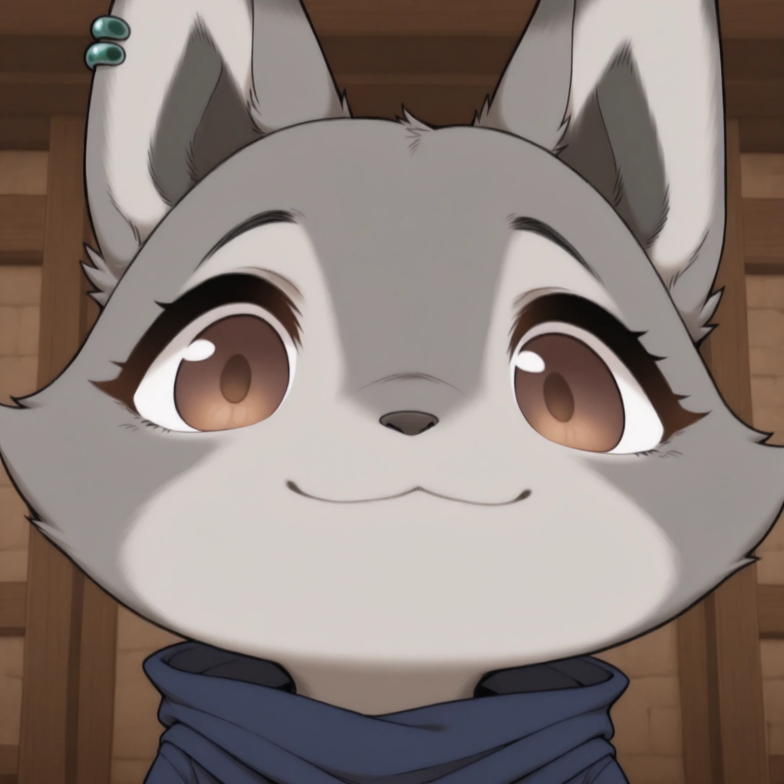 Zhen, solo, girl, brown eyes, jade piercing on the left ear,  blue robe, gray fur, furry, mutsukiface, chibi, portrait, close-up, smile, :3, closed mouth
 <lora:meme_mutsukiface_illustriousXL:1>
 <lora:Zhen_illustriousXL:0.8>