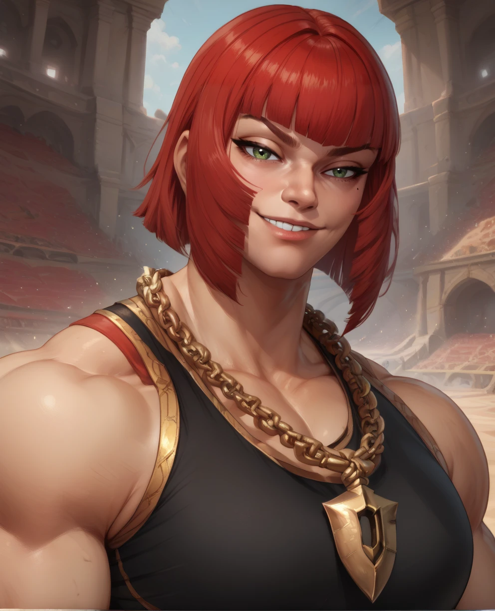 score_9,score_8_up,score_7_up,score_6_up,score_5_up,score_4_up,
marisarxl,blunt bangs,green eyes,mole under eye,muscular,
fingerless gloves,black sports bra with gold trim,gold necklace,
smug,
upper body,looking at viewer,
arena,outdoors,
<lora:MarisaRxl>,