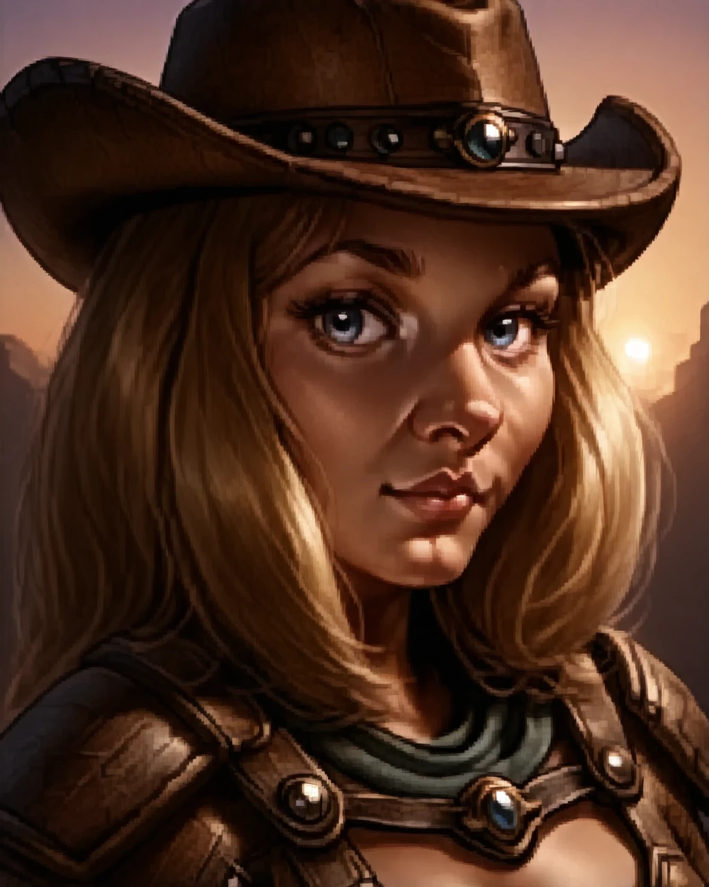 <lora:Illustrious_-_Baldurs_Gate_I_-_Portraits_-_1998:1.0> baldur's gate official portrait, character, solo,   <lora:Panettiere PDXL - V1:1> panettiere, 1girl, blonde hair, solo, long hair, breasts, lips, blue eyes, fedora with a floppy brim, cowboy hat, brown leather cowboy hat, armor, shoulder armor, gloves, sunset, upper body, looking at viewer,