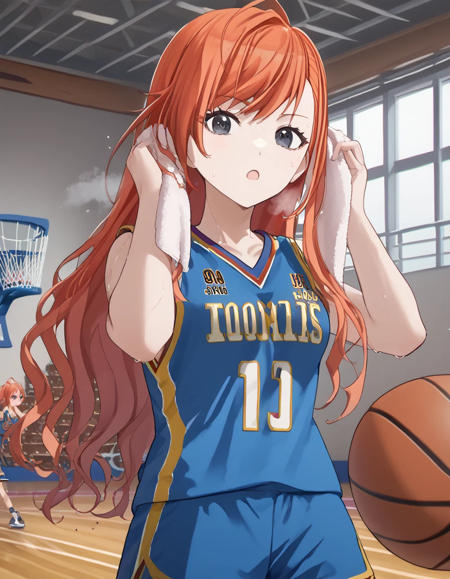 score_9, score_8_up, score_7_up, source_anime, <lora:natsuna-arisugawa-s2-ponyxl-lora-nochekaiser:1>, natsuha arisugawa, long hair, bangs, ahoge, red hair, orange hair, black eyes, medium breasts,, <lora:basketball-uniform-ponyxl-lora-nochekaiser:1> basketball uniform, basketball jersery, sportswear, jersey, shorts, sleeveless,, audience, gym, sweat, open mouth, steam, <lora:wiping-towel-ponyxl-lora-nochekaiser:1> wiping sweat, towel, holding, sweat, holding towel, looking at viewer, open mouth,, cowboy shot,, , dutch angle, cowboy shot