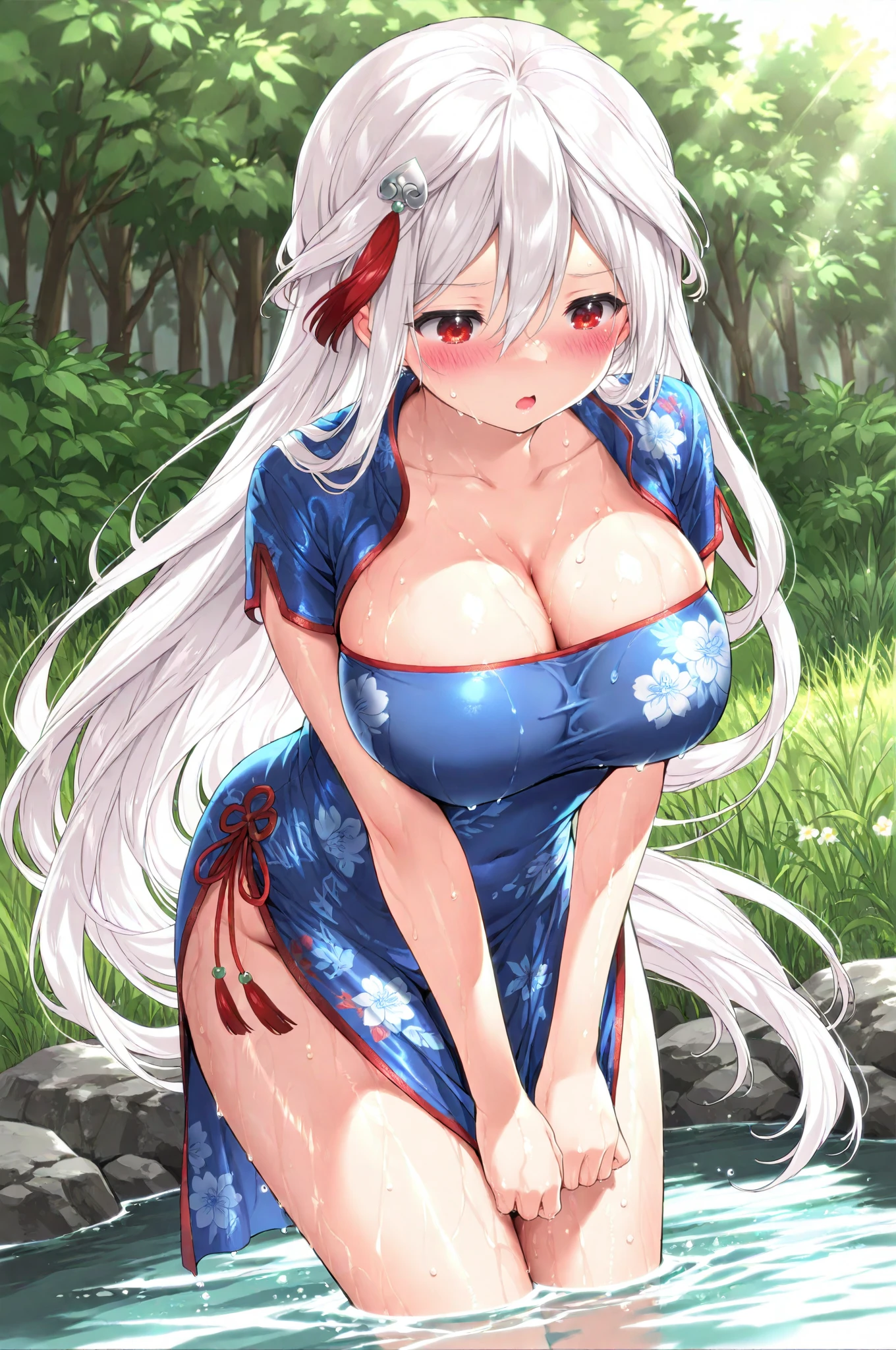 masterpiece,best quality,1girl,solo,absurdres,
1girl,breasts,long hair,red eyes,solo,braid,blush,hair ornament,water,wet,large breasts,cleavage,dress,grass,wading,looking down,very long hair,chinese clothes,tassel,leaning forward,bangs,wet clothes,collarbone,hair between eyes,white hair,china dress,open mouth,floral print,blue dress,standing,shiny,outdoors,
<lora:lzh-illV1-000019:1>,