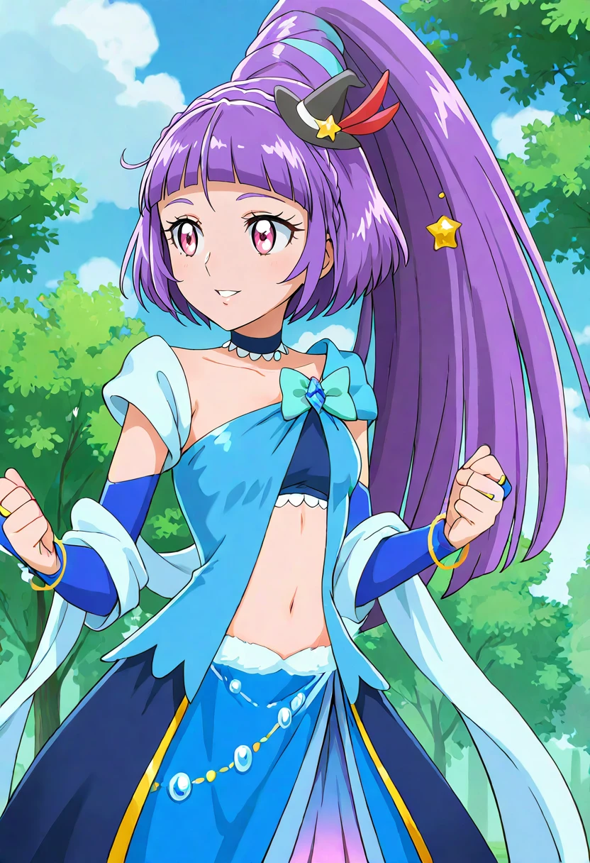 masterpiece, best quality, absurdres, very aesthetic, general,
cure magical, cure magical \(sapphire style\), crmgclsapphire, 1girl, purple hair, solo, mini hat, purple eyes, ponytail, navel, black headwear, midriff, bridal gauntlets, cloud, hair ornament, bracelet, blue dress, day, blue bow, pink eyes, open mouth, outdoors, blunt bangs, arm warmers, standing, detached sleeves, blue sky, cowboy shot, collarbone, high ponytail, shiny hair, mini witch hat, very long hair, eyelashes, parted lips, elbow gloves, blue skirt, wide ponytail, purple skirt, stomach, tree, blue neckwear, smile, pink skirt, red eyes, cloudy sky, looking to the side, blue gloves, black choker, clenched hands, hair bow, black bow, looking at viewer, black hairband, center opening, small breasts, looking away, hands up, pearl necklace, blue gemstone, shawl, blue choker, tilted headwear, sash, braid, navel cutout, brooch, anime coloring, hat ornament, breast bow, gradient skirt, multicolored skirt
<lora:cure_magical_izayoi_liko_illustXL_locon_v1:0.7>