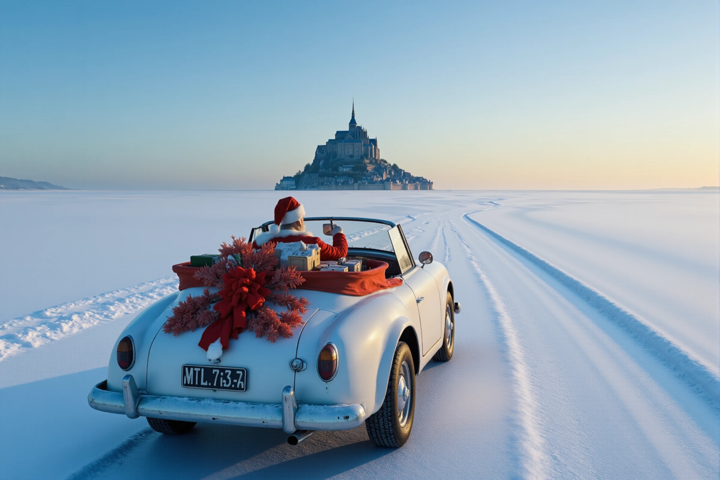 <lora:Mont Saint Michel:0.9> mont saint michel island. santa claus is driving a convertible filled with gift toward the island. Snow scenery