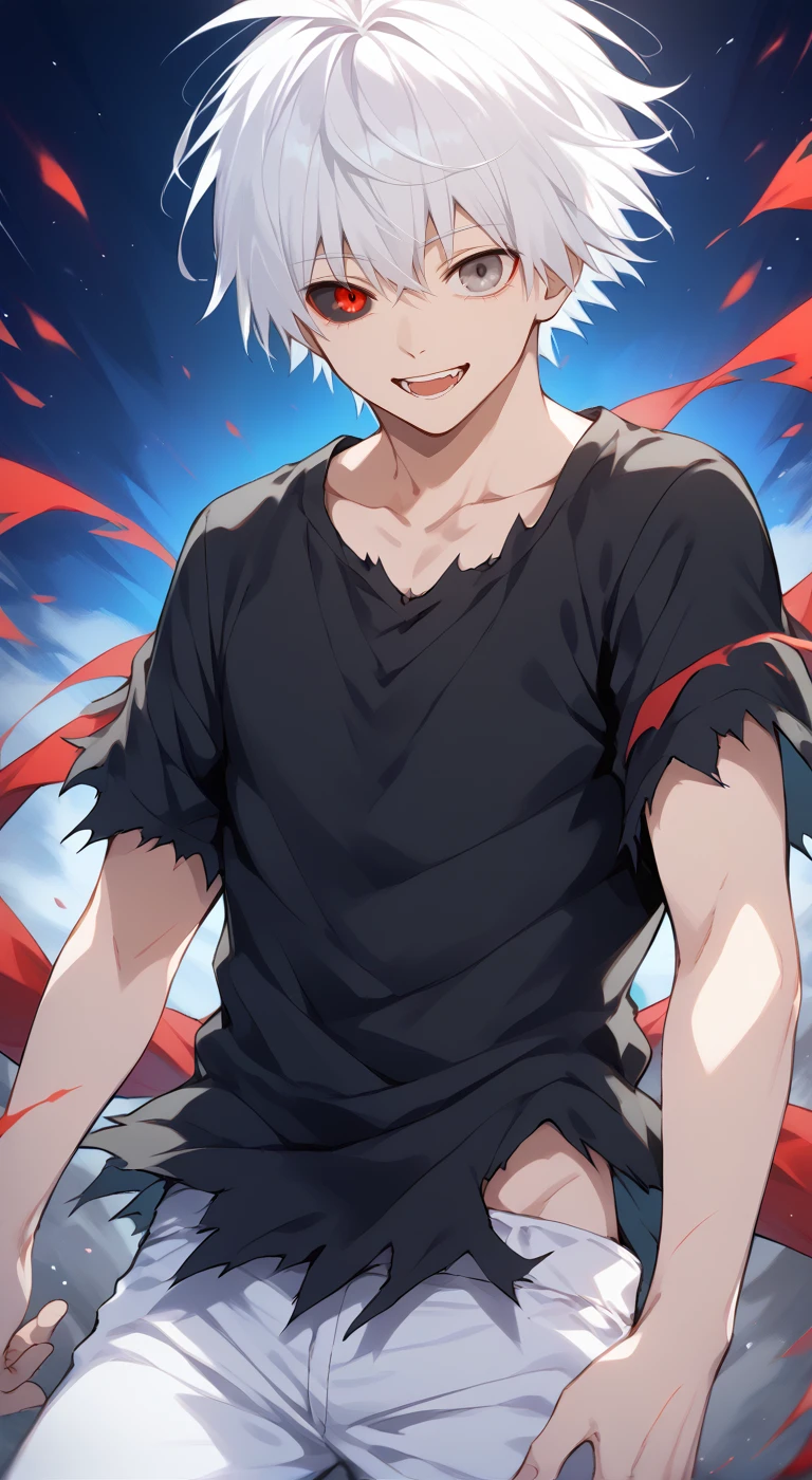 1boy,solo,male focus,kaneki,kaneki ken,white hair,short hair,grey eyes,smile,black t-shirt,torn clothes,upper_body,open mouth,white pants,red eyes,black sclera,heterochromia