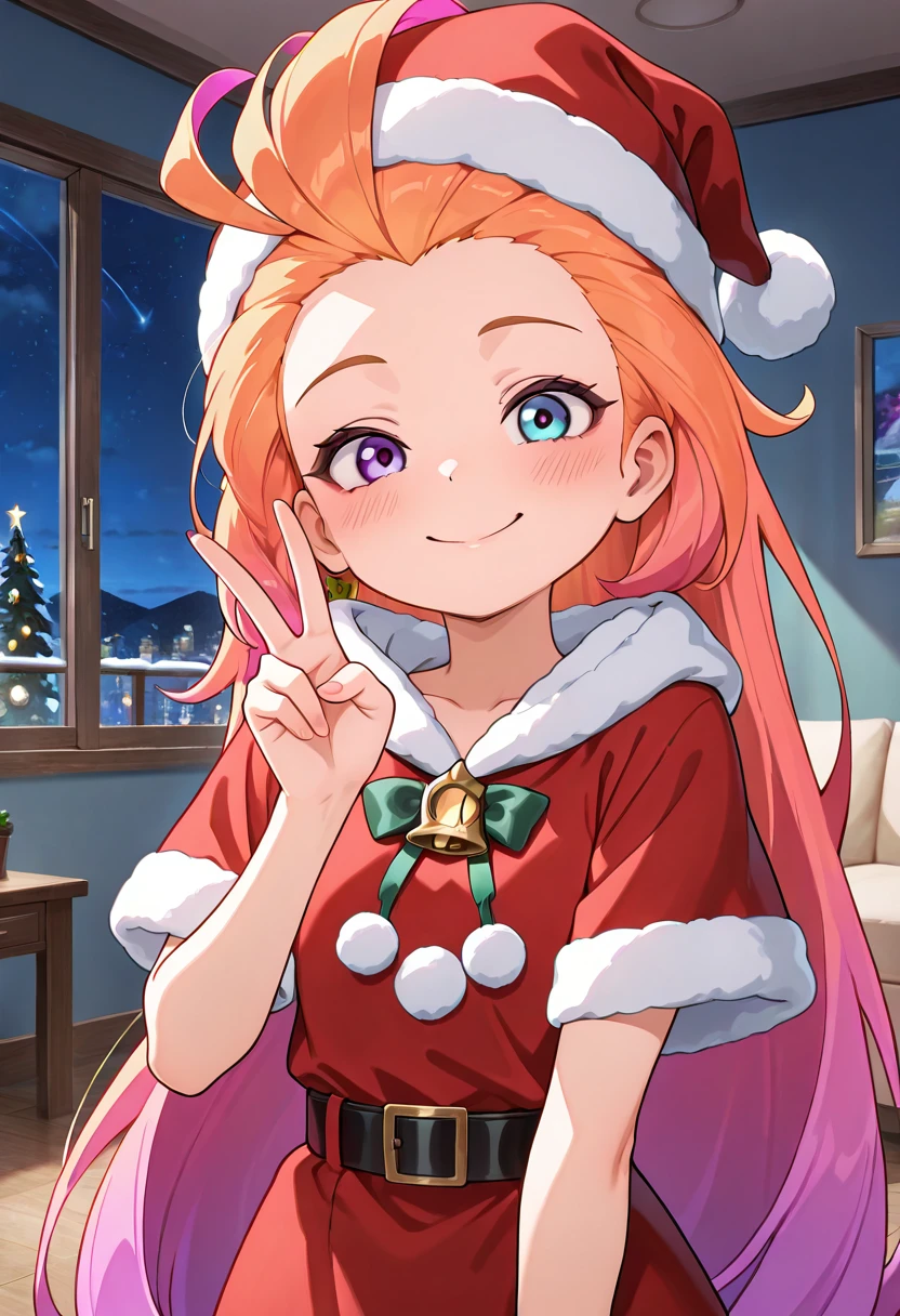 very aesthetic, high definition, amazing quality, masterpiece, best quality, highres, absurdres, sensitive, newest, anime screenshot, screencap,
<lora:spo_sdxl_10ep_4k-data_lora_webui:0.5>,
1girl, solo, lolzoe, santa dress, santa hat, <lora:illustriousXL Zoe V1:1>
indoors, night time, night, living room, peace hand, upper body,
looking at viewer, smile,