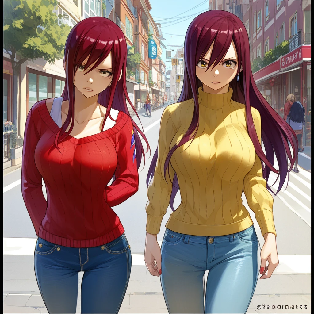 HiroMashima, HiroMashimaOtherArtists, 2girls, large_breasts, BREAK, ((erza_scarlet)), red sweater, jeans, BREAK, ((lucy_heartfilia)), yellow sweater, jeans, BREAK, walking on street, standing, looking at viewer, modern city background, score_9, score_8_up, score_7_up, masterpiece, best_quality